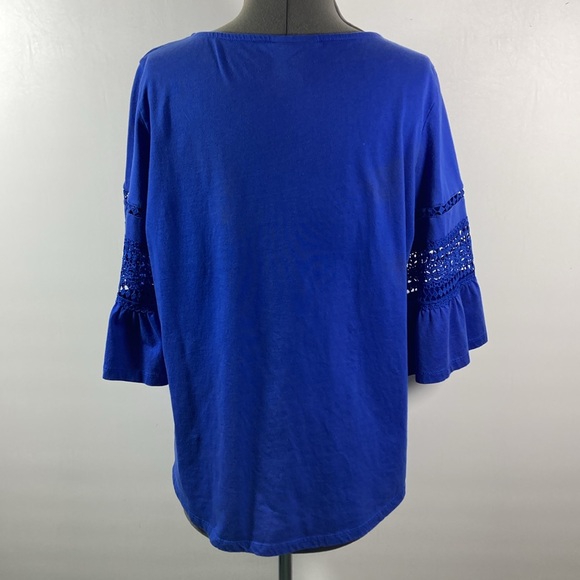 Rebecca Malone Top Women Size Large Blue 100% Cotton Soft Crocheted Sleeves - Picture 5 of 8